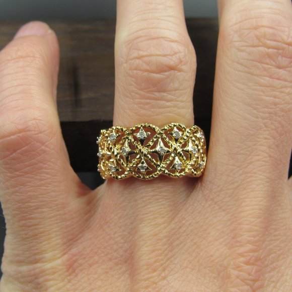 Size 7.75 Sterling Silver Fancy Diamond Chip Gold Plated Band Ring Vintage - Picture 4 of 8